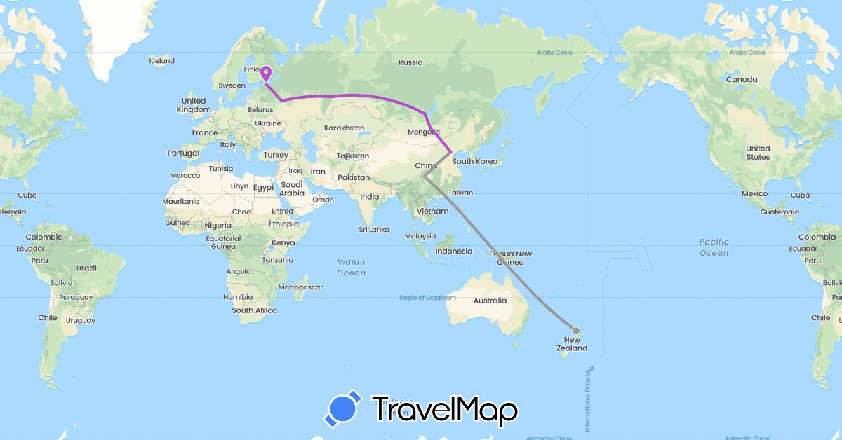 TravelMap itinerary: driving, plane, train in China, Mongolia, New Zealand, Russia (Asia, Europe, Oceania)